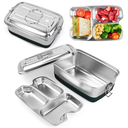 Edelstahl Brotdose 2000ML, Doppelte Metall Lunchbox mit 3 Fächern, Auslaufsichere Brotzeitdose mit Dichtungsring für Lebensmittel Sandwich Salat Obst, Protable Bento Box für Kinder und Erwachsene