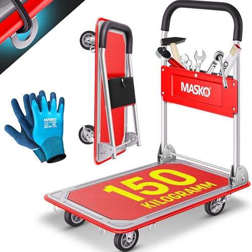 MASKO® Plattformwagen Transportwagen Lagerwagen Klappbar Inkl. Arbeitshandschuhe | Feststellbremse Transporthilfe | Mit 6 Sicherungsösen | 360° Lenkrollen | Paketwagen Klappwagen (Rot, 150kg)