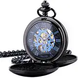 ManChDa Herren Retro Taschenuhr mit Kette Analog Handaufzug Antik Skelett Römische Ziffern Schwarz