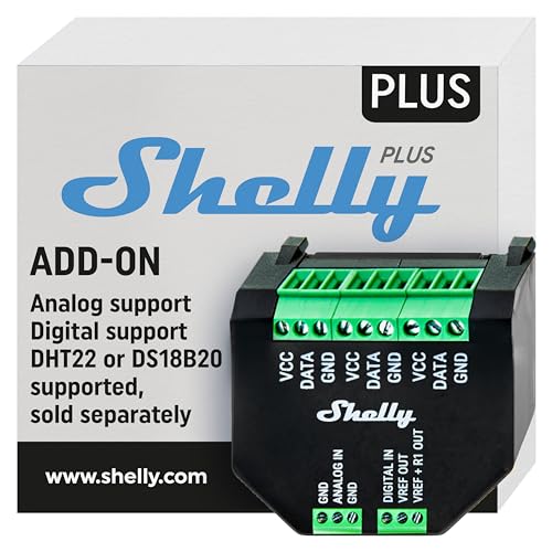 Shelly Plus Add-On, Smart Home Schnittstelle Plus Relais, Digitale Steuerung via WLAN & App, WiFi Hausautomation, 3,3V, Anwendbar für DS18B20- & DHT22-Sensoren