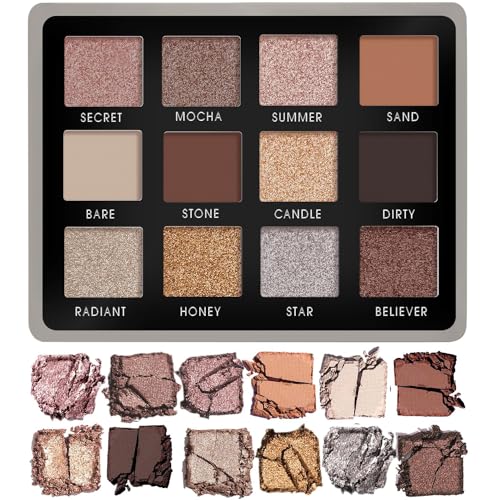 Lamora Smokey Eyes Lidschatten Palette Nudetöne - Vegane Schimmer Nude Eyeshadow mit Spiegel - Ideale Reise Make Up mit 12 Hochpigmentierten Warmen, Kühlen und Natürlichen Farbtönen