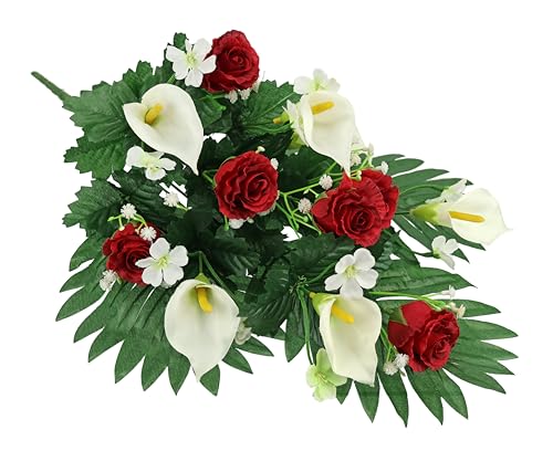 Flair Flower Grableger Grabschmuck mit künstlichen Rosen und Calla 48cm Aufleger Kunstblume Grabdeko Friedhofsgesteck Friedhofsdeko Trauerdeko Blüten Arrangement Blume Tischdeko Gesteck Seidenblumen