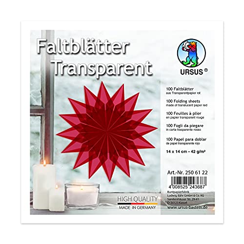 URSUS 2506122 Faltblätter aus rotem Transparentpapier, ca. 14 x 14 cm, 42 g/m², 100 Blatt, zum Falten von transparent schimmernden Figuren, bunt