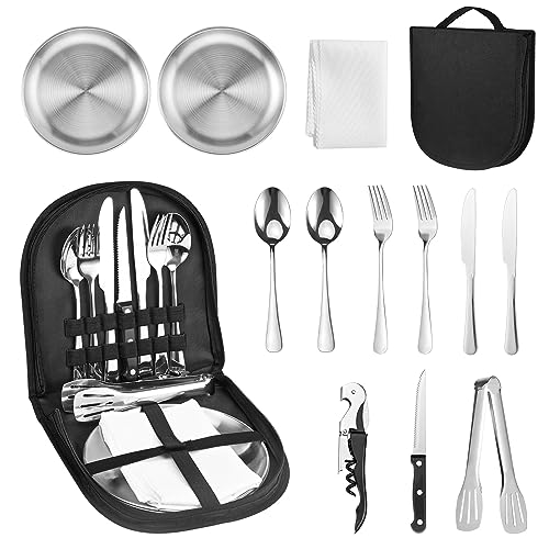 Camping Geschirr set 2 personen13-teilig, tragbar und langlebig, Edelstahl Outdoor-Geschirr für Camping, Picknick