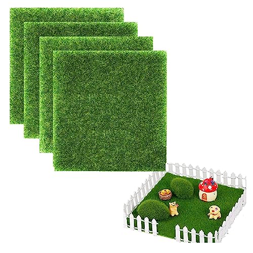 SECOFE Miniatur Garten Deko,Kunstrasen Miniaturgarten,Naturgetreuer Feenhafter Kunstrasen,für Miniatur-Ornament, Garten, Puppenhaus, Gras zum Basteln, 15 x 15 cm,4Pcs