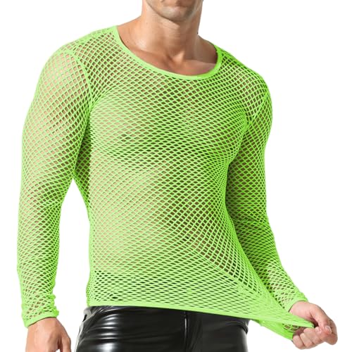 Herren Mesh Fishnet Durchsichtig Langarm T-Shirt Muskel Transparent Shirts Langarm Netz Unterhemd