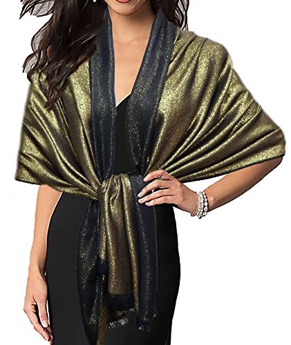 Gragengs Funken Metallic Pashmina Schals und Stola für Damen, Lange Party Tücher Einheitliche Farbe Zwei Töne,Schwarz/Gold