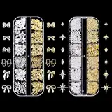 Gold Silber Stern Schleifen Nail Charms, 2 Boxen Metall Nagelkunst Dekorations, Legierung Glitzersteine Nagel Edelsteine Deko für Nageldesign Zubehör (Gold+ Silber B)