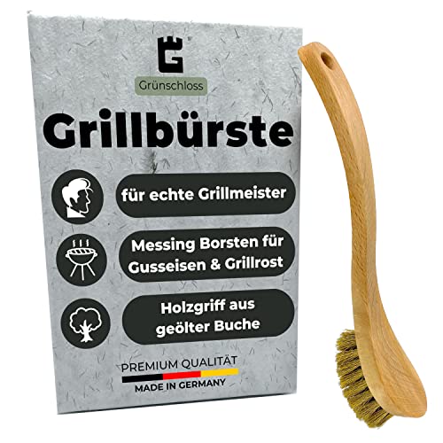 Grünschloss Grillbürste Messing für Gussrost & Grillrost Reinigung – Grill Gusseisen Reiniger mit Messingborsten - Made in Germany - Messingbürste Drahtbürste mit Holzgriff aus geölter Buche