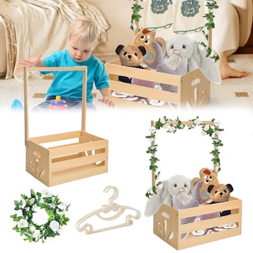 Babykisten Schrank, Geschenkkorb Baby Holz Babyparty Schrank Baby Korb Babys Shower Geschenk mit WeißEm Rosenrattan und 5 KleiderbüGeln für Neugeborene Babyparty Neue Eltern