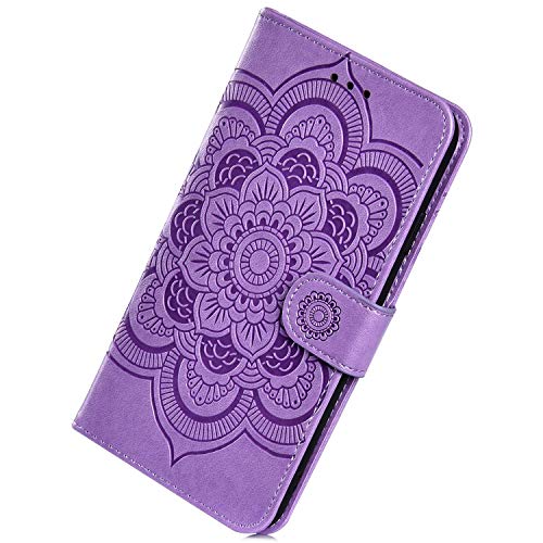 Herbests Kompatibel mit Samsung Galaxy J6 2018 Handyhülle mit Mandala Blumen Muster Motiv Hülle Leder Schutzhülle Flipcase Brieftasche Wallet Tasche Magnetverschluss Stoßfest Cover Case,Lila