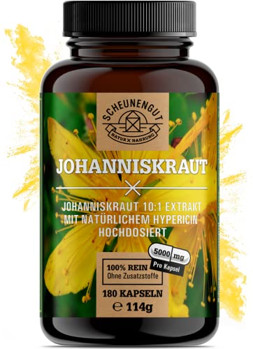 Johanniskraut Kapseln -180 Stück je 5000mg- WICHTIG: 10:1 Extrakt (=5000mg reines Johanniskraut) PLUS Hypericin & Hyperforin I Zertifiziert Laborgeprüft & Vegan -DE- SCHEUNENGUT®