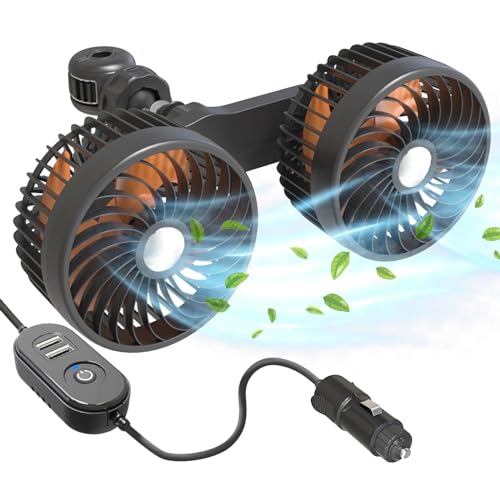 Auto Ventilator Doppelkopf, Auto Lüfter Kopfstütze 12V 24V, USB Ventilator Leise mit 3 Geschwindigkeiten, Tragbare 360 °Drehbarer Ventilator, Rücksitz Ventilator für SUV LKW RV Van