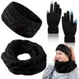 Schal, Stirnband & Handschuh-Sets für Damen, Loop Schal Damen,Warme Verdicken Stirnband Mädchen Winter,Touchscreen Handschuhe Damen Winterschal Kombi Ohrenwärmer Set Damen Geschenk Winterzubehör