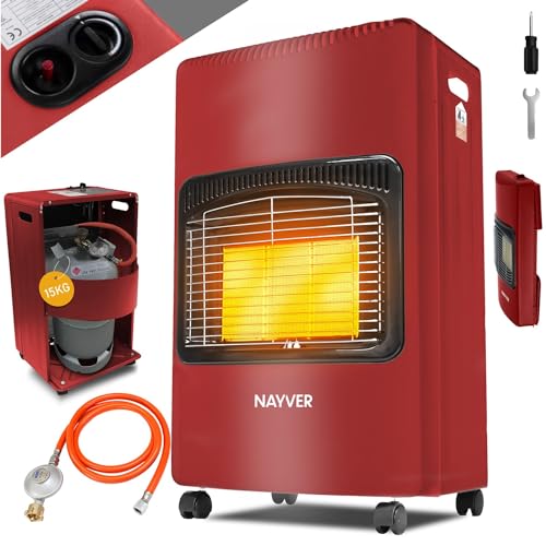 NAYVER® 4200 Watt Heizstrahler - Gasofen/Keramik Gasheizer inkl. Gasdruckregler Gasschlauch/Infrarot Keramikbrenner/Gasheizer Butan- oder Propangasflaschen bis 15kg (Schwarz) (Rot)