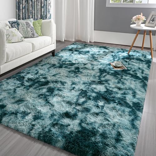 Pettop Flauschige Teppiche, 10.2x1.8 m, Batik-Teppiche für Wohnzimmer Schlafzimmer, moderner Innenbereich, Plüschteppich für Mädchen, Kinderzimmer, Jugendwohnheim, maschinenwaschbar, Pfauenblau
