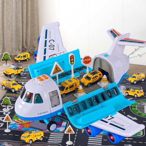 Ci Vetch Flugzeug-Spielzeug mit Rauch, Licht und Sound, 16 Zoll großes Transport-Frachtflugzeug- 6 Baulastwagen, Fricton-angetrieben, Jungenspielzeug-Geschenke für 2 3 4 5 6-Jährige