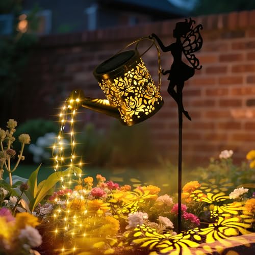 Solar Gießkanne Lichterkette,Gießkannenlicht Lichter mit Butterfly Fairy Schäferhaken, Rosenblätter blitzte Gießkanne Solarlampen für Außen,IP65 Wasserdicht Solar Giesskann für Hofweg Balkon Garten