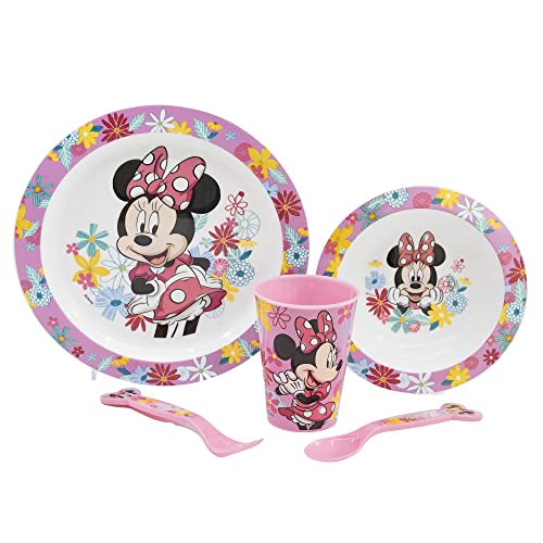 5-TEILIGES KINDERGESCHIRRSET. TELLER, SCHÜSSEL, 260ML GLAS UND BESTECK. BPA-FREI UND MIKROWELLENGEEIGNET. | MINNIE MOUSE MOUSE SPRING LOOK, Bunt