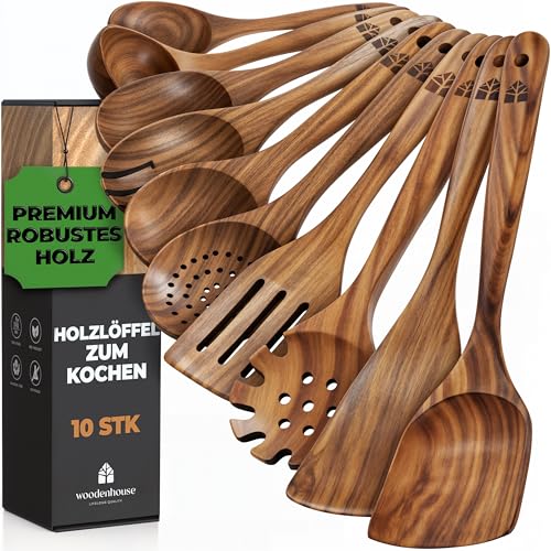 Holzkochlöffel 10 Stück kochlöffel holz - Holzlöffel set aus Teakholz für das Kochen - Holzkochlöffel, Pfannenwender holz, Suppenkelle, 10 Stück - Natürlich, Perfekt für Antihaft von Woodenhouse