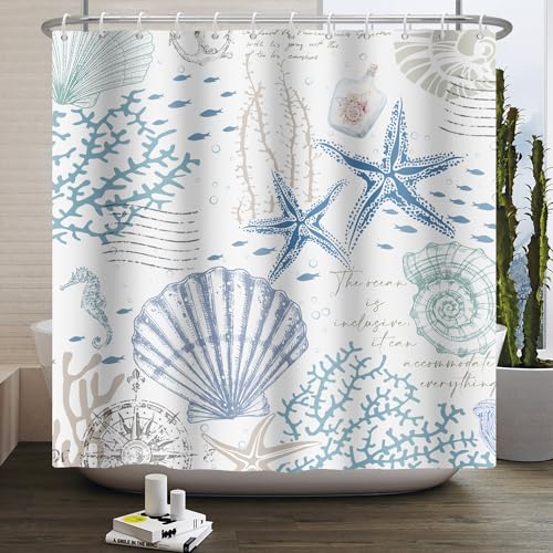Kzzfqxb Kinder Duschvorhänge 90x183cm, wasserdicht Meerestiere Seesterne Muscheln Korallen Meeresschnecken Unterwasserwelt Polyestergewebe mit Kunststoffhaken, weiß Blaue Badezimmer Dekoration