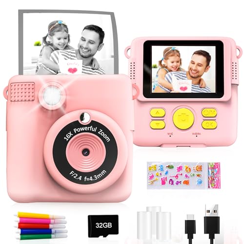 GKTZ Sofortbildkameras Kinder - 1080P HD Sofortdruck von Fotos - Geburtstag Geschenk für Mädchen im Alter von 4 5 6 7 8 9 10 Jahren - Tragbares Spielzeug mit 3 Rollen Fotopapier, 32-GB-Karte - Rosa