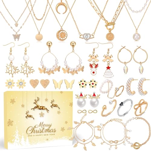 PIIDUOO Adventskalender Schmuck 2024 Frauen Weihnachtskalender - 24 Überraschungen Geschenke Teenager Mädchen Damen mit Halskette Armband Ringe Ohrringe Gold Mode