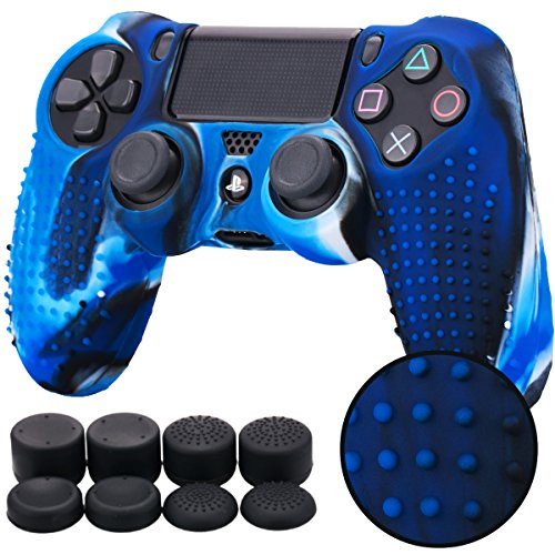 Pandaren® STUDDED Silikon Hülle Anti-Rutsch für PS4 controller x 1 (Tarnung blau) + FPS PRO thumb grips aufsätze x 8