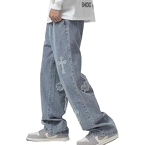 Baggy Jeans Y2k Hose Cross Star Patch Mit Gerader Passform Lockerem Weitem Bein Street Hip Hop Freizeithose Waschverfahren Im Retro-Stil Teenager