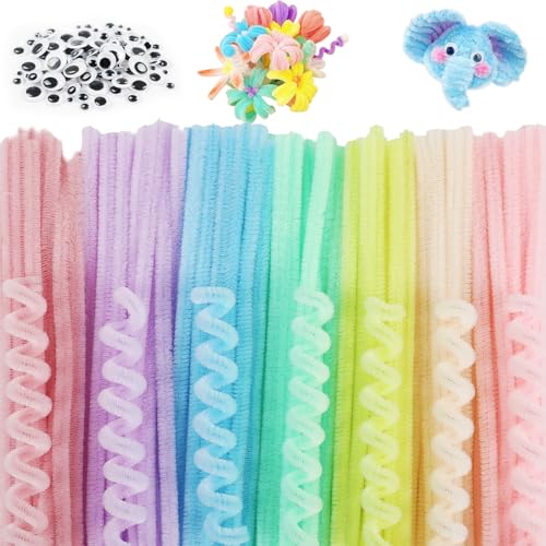 VEYLIN Pfeifenreiniger Macaron farbige Bastelset, 100 Stück 7 Farbe Pfeifenputzer mit 100 Wackelaugen Selbstklebend,Chenilledraht Biegeplüsch Handwerk für Kinder