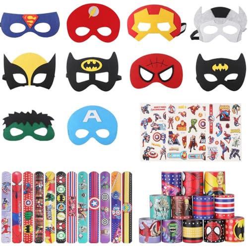 Mooshy Superheld Masken Kinder Party Masken Maske Batman Maske für Cosplay Party 10 Superhelden Filz Masken 12 Superhelden-Armband 4 Blatt Aufkleber für Party Maskerade