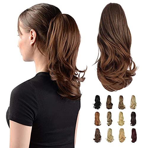 Sofeiyan 33cm Pferdeschwanzverlängerung Langer lockiger Pferdeschwanz Clip in Klaue Haarverlängerung Natürlich aussehendes synthetisches Haarteil für Frauen, Mittelbraun/Hell Auburn Mix