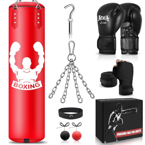 NZQXJXZ Boxsack Hängend für Erwachsene, 120cm Schwerer Boxsack, Boxtraining Ausrüstung mit Ungefüllten Boxing Bag, Reflex Ball, Boxhandschuhe, Boxbandagen, Boxset für MMA Karate Kickboxen Muay Thai