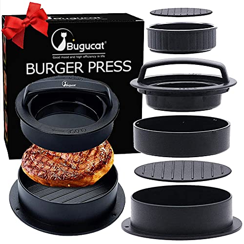 Bugucat Burgerpresse, Burger Pattie Presse 3 in 1 Set,Hamburgerpresse Hamburger Patty Maker Patty Presse Perfekte Grillzubehör Spülmaschinenfeste mit 100 Patty Papers für Patties Frikadellen, Schwarz