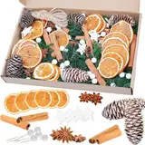 107 Stück Natur Dekoration Weihnachtsdeko Adventskranz, Potpourri Weihnachten mit Tannenzapfen, Zimtstangen, Getrocknete Orangenscheiben, Sternanis, Moos, Juteschnur, und Pentagramm Bastelset