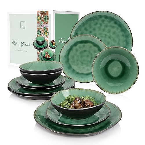 SÄNGER | Teller Set Palm Beach 12 tlg, Geschirrset 4 Personen, Geschirr Steingut, Dinner Set inkl. Speiseteller Dessertteller & Tiefe Teller Grün Schwarz mit Braunem Farbverlauf | PREMIUM COLLECTION