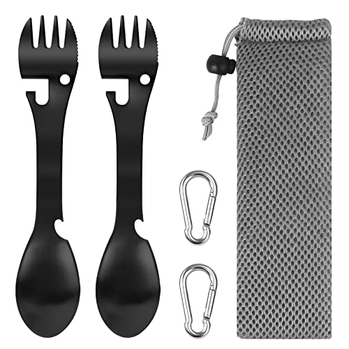 2 Stück Edelstahl Göffel Camping Besteck 5 In 1 Multifunktions Löffel Gabel Messer Flasche&Dosenöffner, Outdoor Spork Besteck Set mit 2 Karabiner für Reisen Wandern Picknick, Schwarz