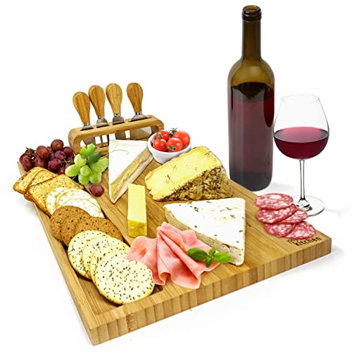 joeji's Kitchen Käseplatte Bambus - Käsebrett mit Käsemesser Set - Cheese Board - Holz Servierplatte - Ideal für Weihnachts Hochzeits- und Einweihungsgeschenke﻿ - Geschenke