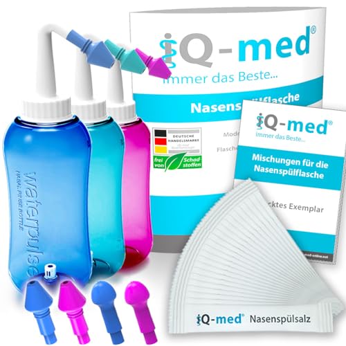 iQ-med Nasendusche 500ml + 44x Salz + 4 Aufsätze, zur Nasenreinigung (türkis)