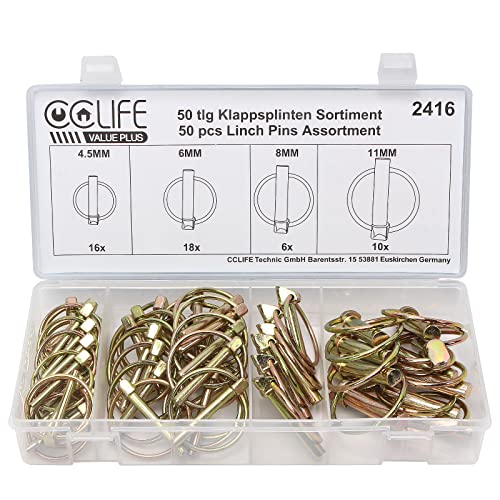 CCLIFE 50 tlg Klappstecker Klappsplinte Klappsplinten Sortiment Bolzen 4,5-6-8-11mm KFZ