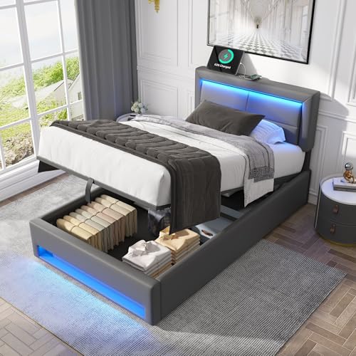 Polsterbett Einzelbett 90x200, Hydraulisch Stauraumbett Jugendbett with Stauraum & Lattenrost, Funktionsbett Bettgestell mit USB Kabelloses Ladefunktion & LED Beleuchtung, PU, Ohne Matratze, Grau
