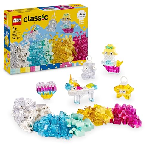 LEGO Classic Zauberbox mit durchsichtigen Steinen - Farbenfrohe Bausteine und Aufhängersteine - Einhorn, Drache, Pinguin und weitere Figuren - Bastelset für Mädchen & Jungen ab 5 Jahren 11040