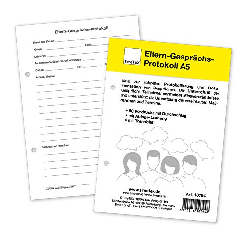 TimeTEX Eltern-Gesprächs-Protokoll A5 - Zur schnellen Protokollierung und Dokumentation von Gesprächen - 50 Vordrucke mit gelbem Durchschlag - selbstdurchschreibend - A5 - Block - 10794