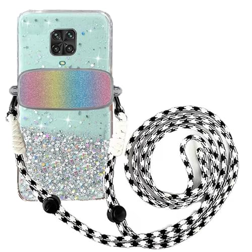 Tivenfezk Nadoli für Xiaomi Redmi Note 9 Pro Glitzer Handykette Hülle,Silikon Bling Durchsichtig Crossbody Tasche zum Umhängen Schutzhülle mit Telefon Clip Halter Band