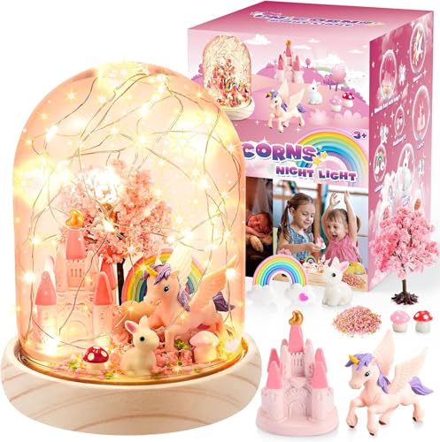 HappyGoLucky DIY Nachtlicht Kinder- Einhorn Mädchen Spielzeug Geschenk ab 3-10 - Bastelset für Kinder mit 10+ Zubehörteilen - Sockel aus Holz - Personalisierbares Schlafzimmerlicht