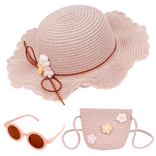 Dadabig Kinderstrohhut, Strohhut Tasche Set, Kinder Sommer Sonnenhut, Sonnenbrille, Strohtasche mit Blumendekoration für den Tourismus Outdoor Aktivitäten Reise Strand Urlaub