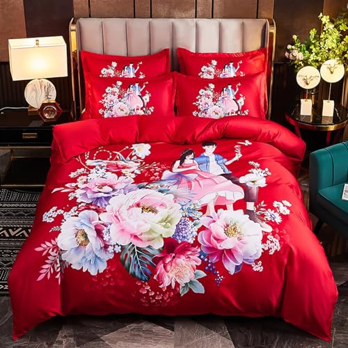 Chinesische traditionelle rote Bettlaken, asiatische Bettwäsche mit luxuriösem Blumen-Bettbezug-Set, 4-teilig, 100% Baumwolle, rote Hochzeits-Bettbezug-Sets(Farbe:A,Größe:2M)