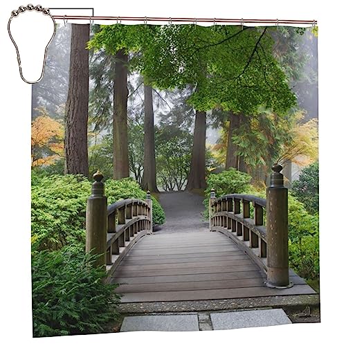 Duschvorhang Garten Brücke Szene Wasserdicht Feuchtigkeitsfest Bäume Outdoor Landschaft Badezimmer Bad Vorhänge Dekoration 183 x 183 cm