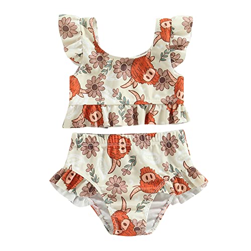 Baby-Badeanzug für Mädchen, Bikini-Set, bedruckt, Sonne, Crop-Top mit Trägern und Rüschenhöschen, 2-teiliges Set, Sommerkostüm zum Schwimmen, Strand, Pool, Urlaub, aprikose, 68