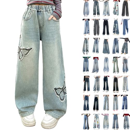 Baggy Jeans Mädchen Sommer Wide Leg Hosen Kinder Jeanshose Breite Bein Schlaghose Vintage Einfarbig Denim Jeans Elastischer Sporthose Mode Y2K Boyfriend Cargohose mit Taschen Stretch Pants 120-170